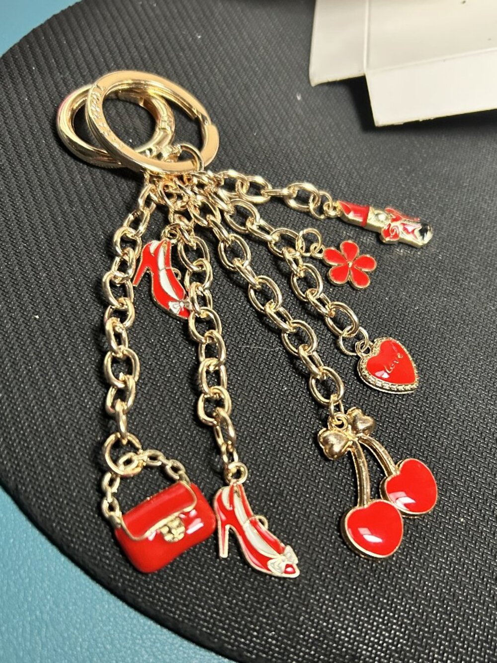 K. Carroll Gold Red Enamel Multi Charm Keychain Bag Clip Handbag Heels